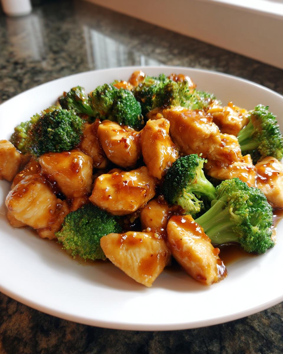 Close-up of tender pieces of chicken and bright green broccoli florets coated in a savory glaze, ready to eat chicken and broccoli.