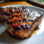 Close-up of a perfectly cooked, juicy pork steak recipe coated in a dark, glossy glaze and sprinkled with sesame seeds.