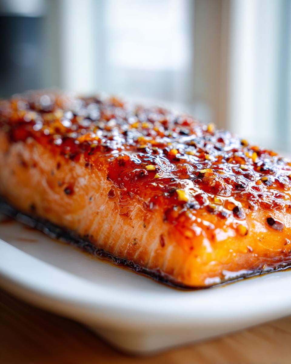 Close-up of a perfectly cooked salmon fillet with a thick, glossy, reddish-orange glaze topped with chili flakes.