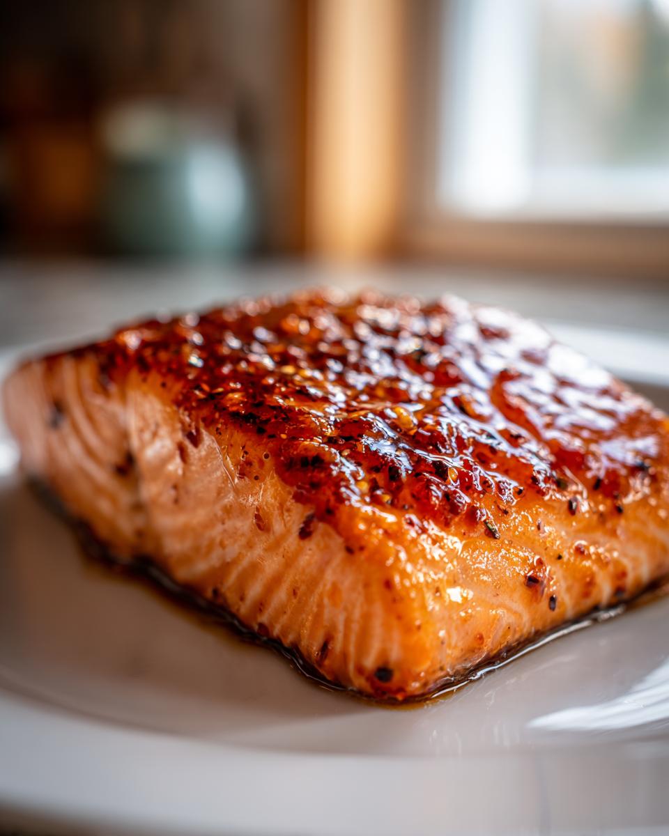 Close-up of a perfectly cooked, glazed salmon fillet resting on a white plate, ready to eat.
