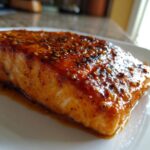 Close-up of a perfectly cooked, glazed salmon fillet with spices on a white plate.
