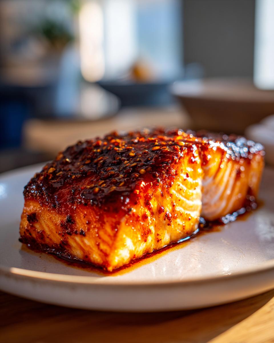 Close-up of a perfectly cooked, glazed salmon fillet with a dark, spicy crust, ready to eat.