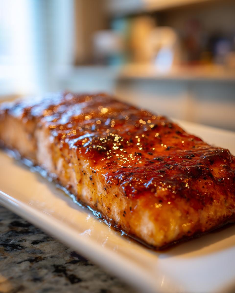 A close-up of a perfectly cooked, glazed salmon fillet, glistening with a sweet and savory sauce.