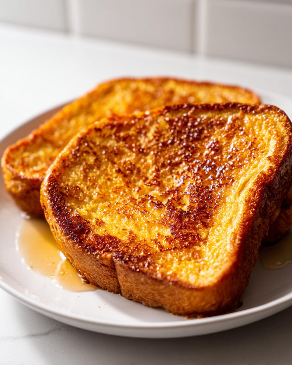 Close-up of two golden brown slices of french toast drizzled with syrup on a white plate.
