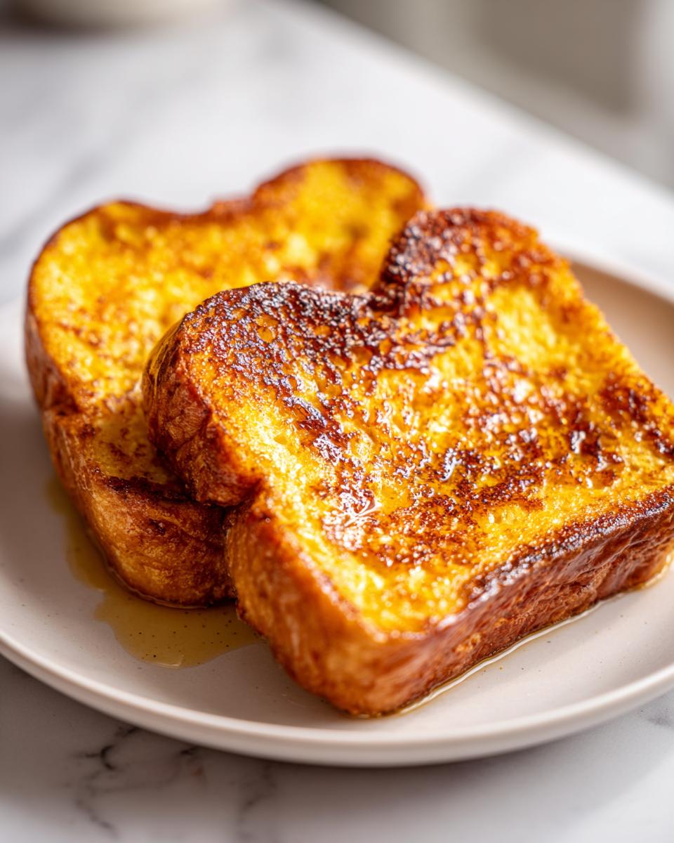 Close-up of two thick slices of golden brown french toast drizzled with syrup.