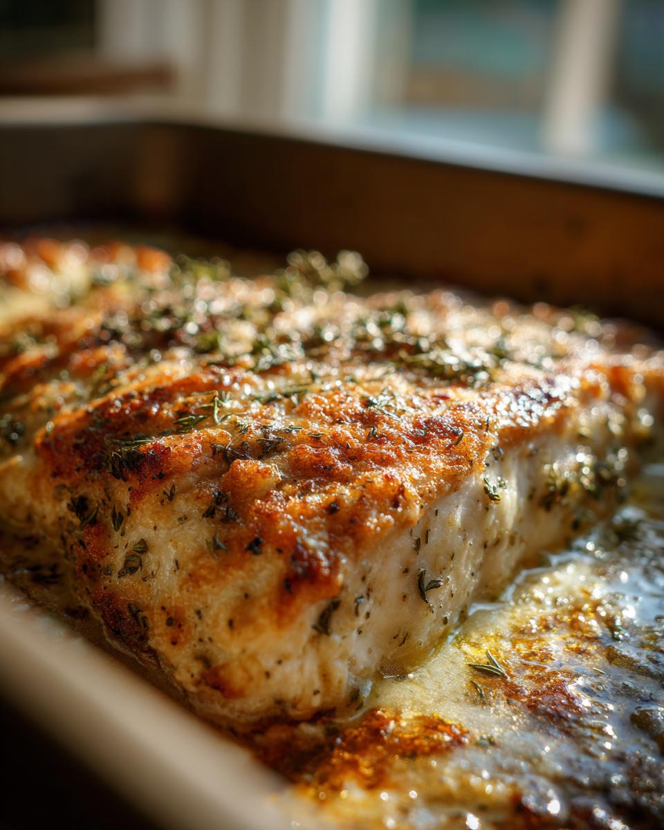 Close-up of a perfectly baked piece of garlic parmesan chicken bake with a golden, herbed crust sitting in buttery sauce.
