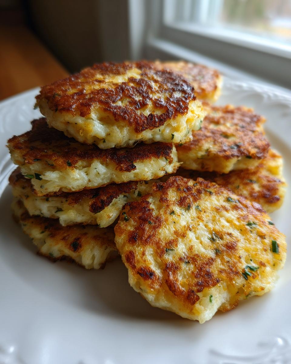 A stack of perfectly pan-fried, golden brown mashed potato cakes garnished with green herbs.