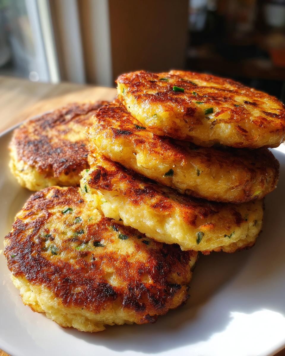A stack of perfectly pan-fried, golden brown mashed potato cakes with visible green herbs.