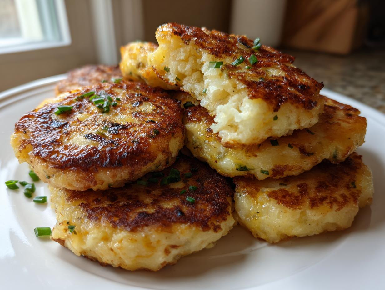 A stack of perfectly pan-fried mashed potato cakes, golden brown and garnished with fresh chives.