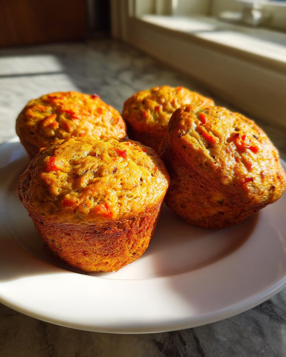 Four freshly baked morning glory muffins with visible shreds of carrot and red pepper on a white plate.