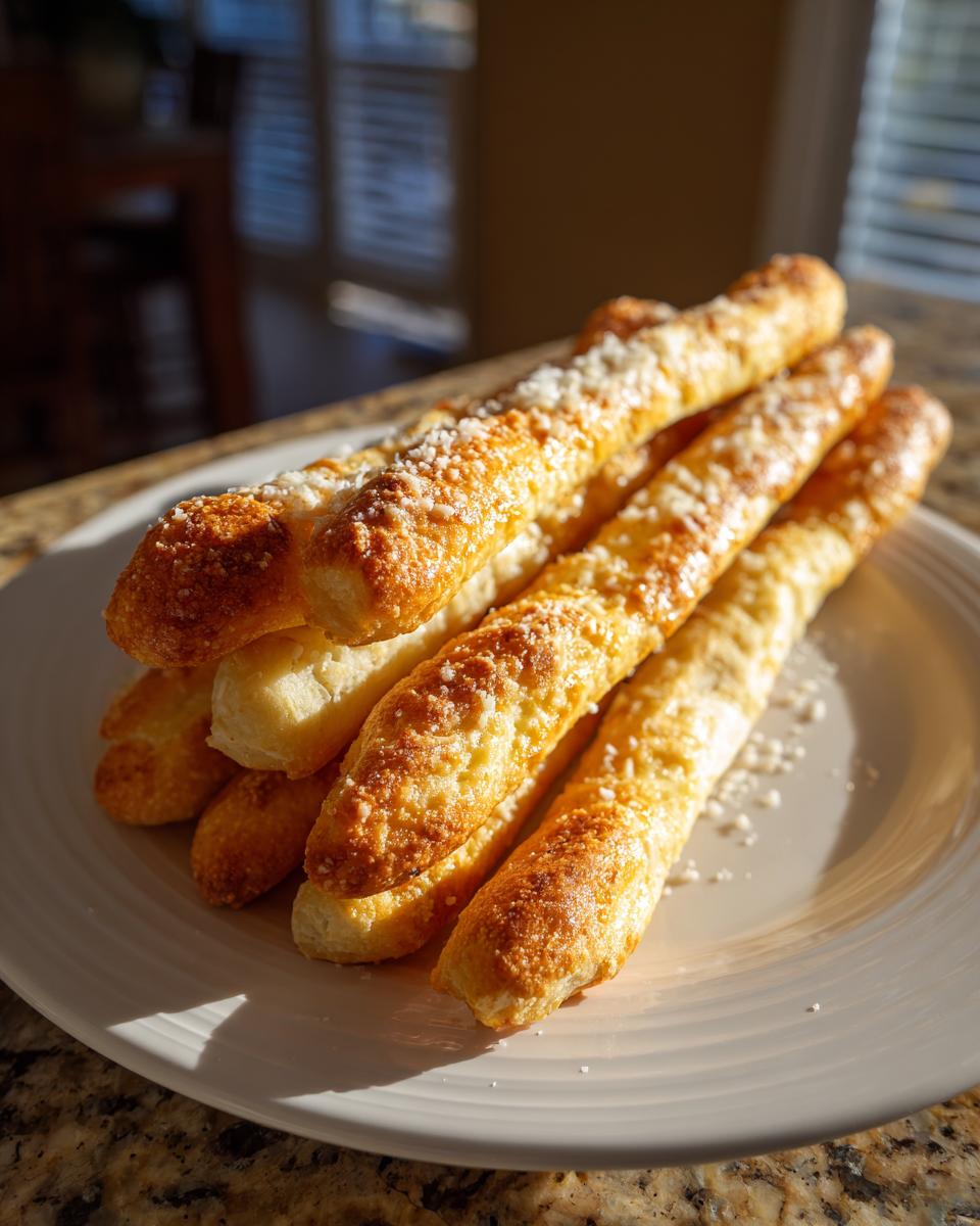A stack of golden brown, cheesy breadsticks sprinkled with Parmesan cheese, ready to eat.