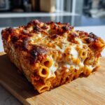 A perfectly baked square slice of pasta bake with melted, browned cheese topping, served on a wooden board.
