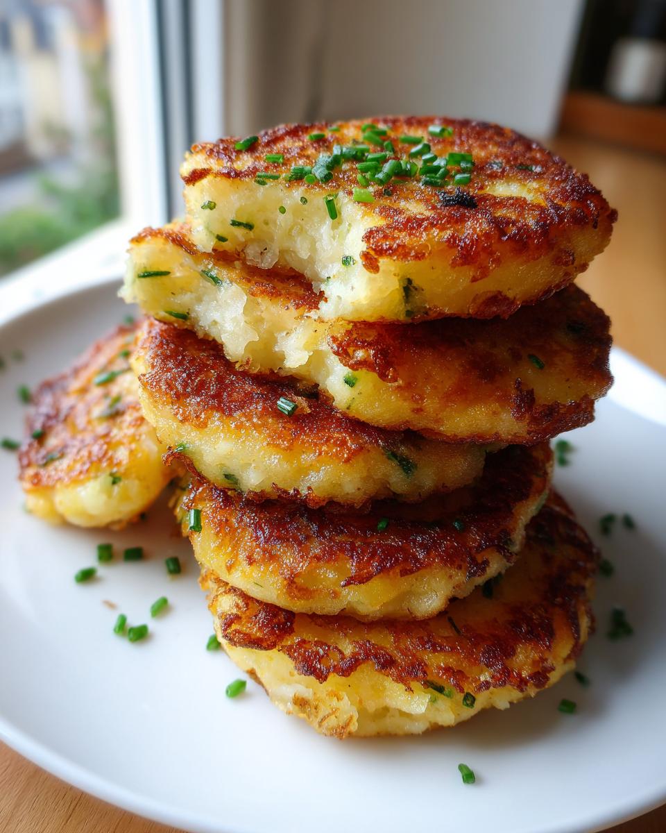 A stack of four golden-brown, crispy mashed potato cakes topped with fresh chives, one has a bite taken out.