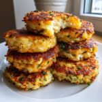 A tall stack of golden-brown, pan-fried mashed potato cakes garnished with chives.