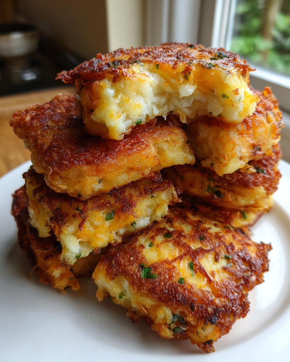 A tall stack of crispy, golden-brown mashed potato cakes with a bite taken out of the top one.