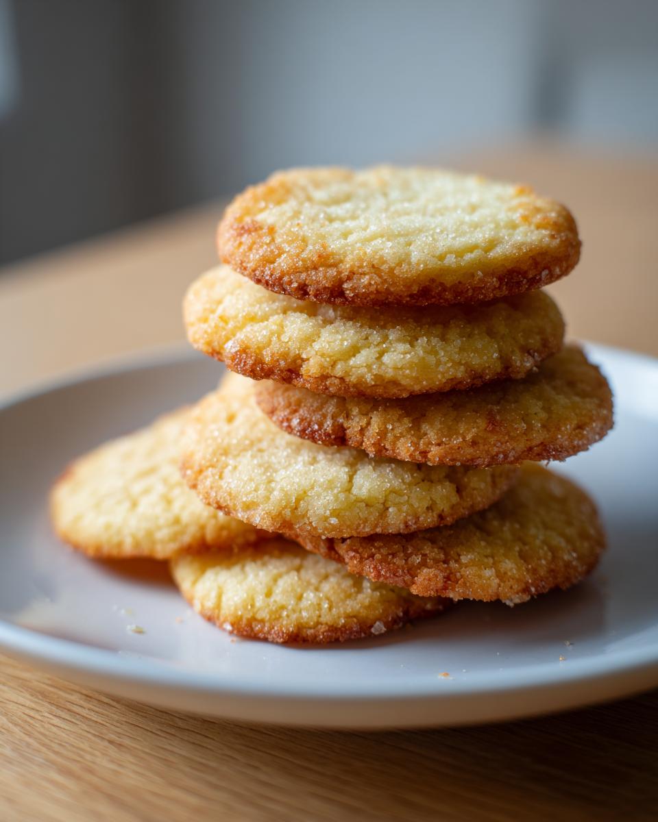 A stack of five golden brown, slightly crispy sugar cookie rounds dusted with visible sugar crystals.