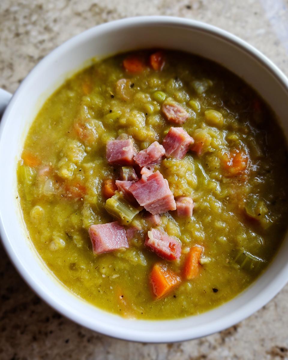 Close-up of thick, green pea soup topped with diced ham, carrots, and celery.
