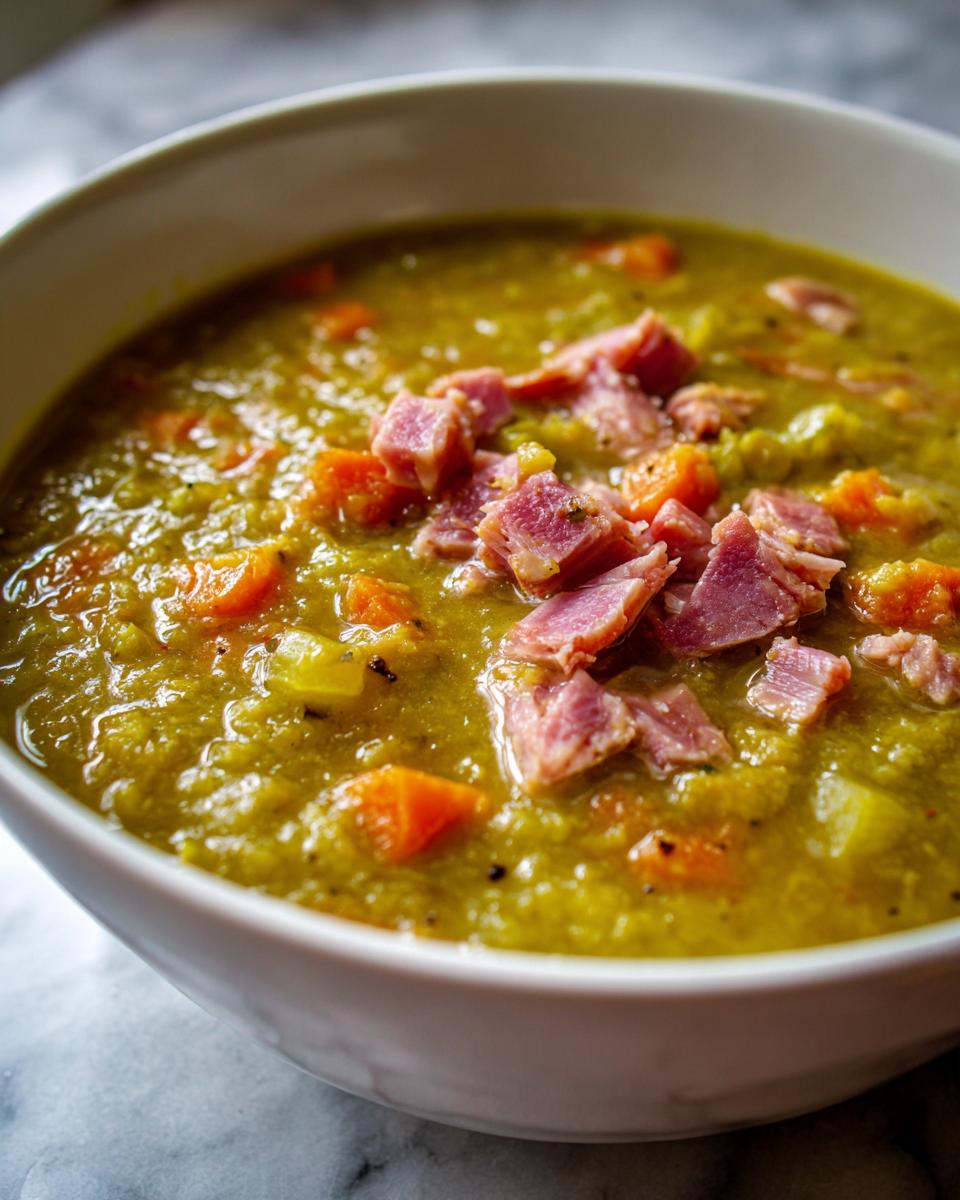 Close-up of thick, green pea soup topped with diced ham and carrots in a white bowl.