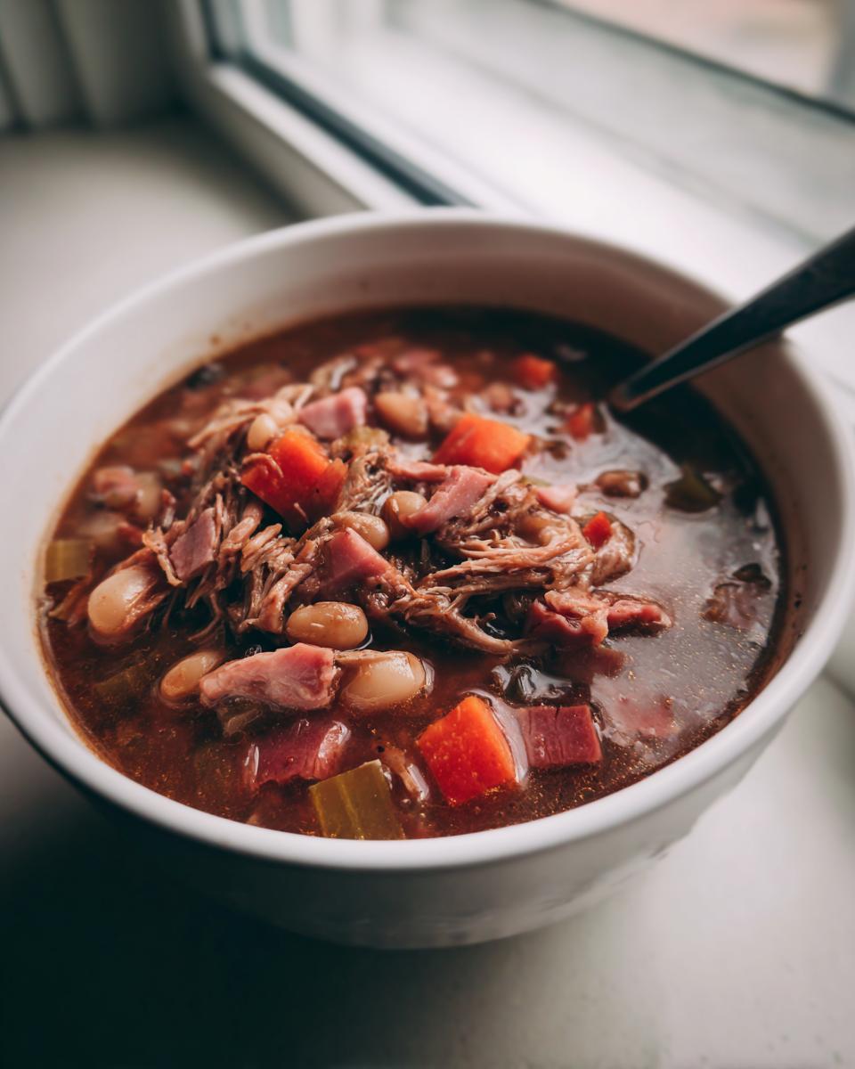 Close-up of a white bowl filled with rich Ham and Bean Soup, featuring shredded ham, white beans, carrots, and celery.