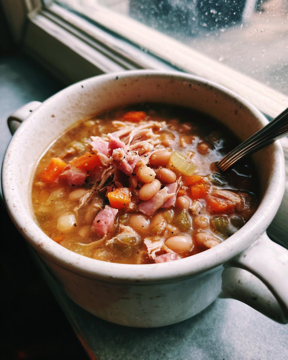 Close-up of a rustic mug filled with rich Ham and bean soup, topped with shredded ham and black pepper.