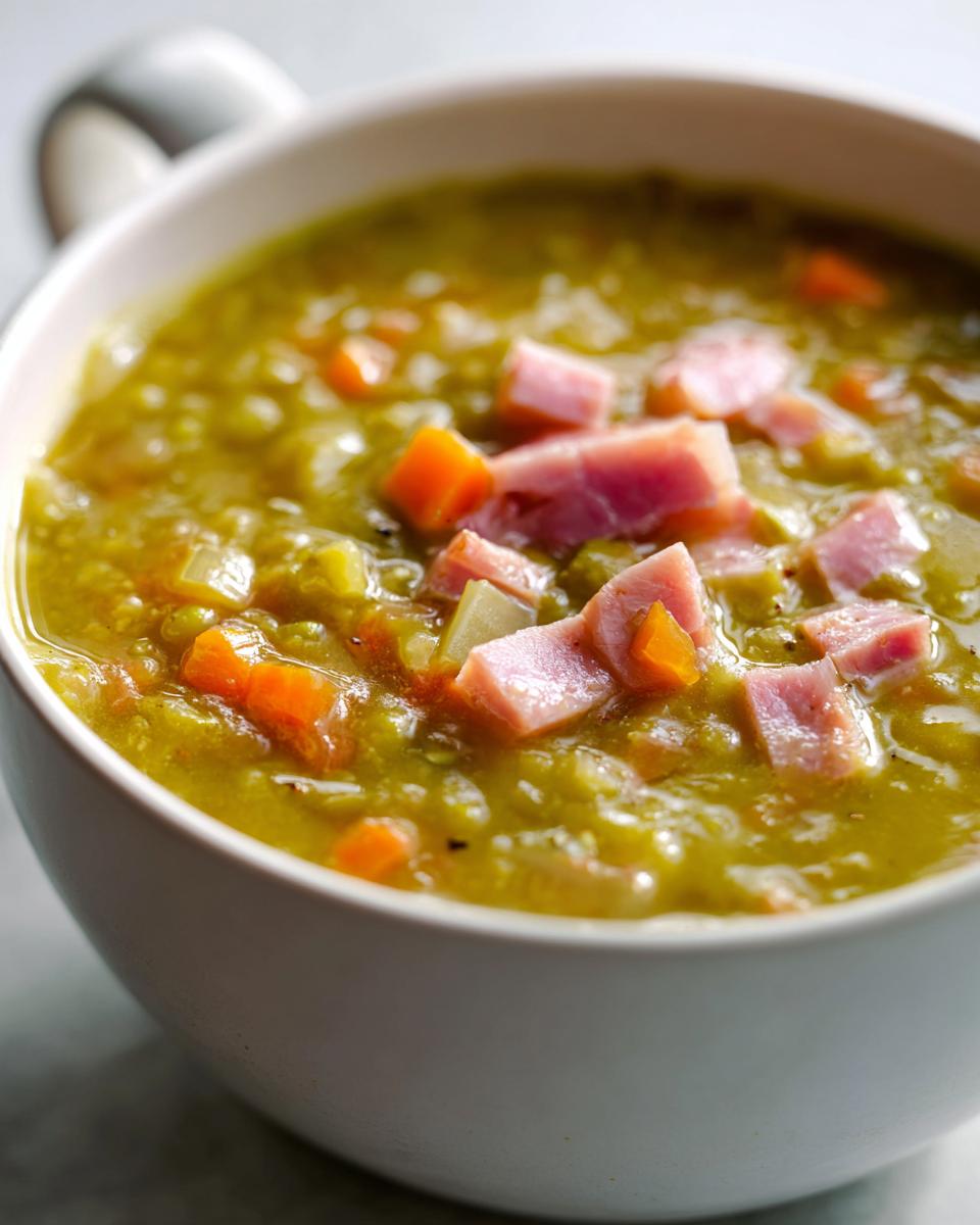 Close-up of thick, green pea soup topped with diced ham and carrots served in a white mug or bowl.
