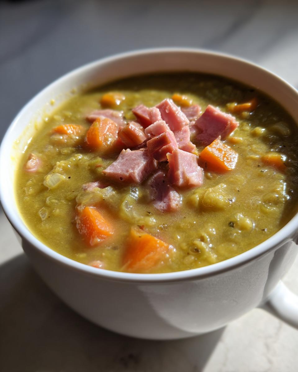 Close-up of thick, green pea soup topped with diced ham and bright orange carrots in a white mug.
