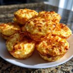 A stack of freshly baked, golden brown, high-protein egg bites with slightly crispy tops, served on a white plate.