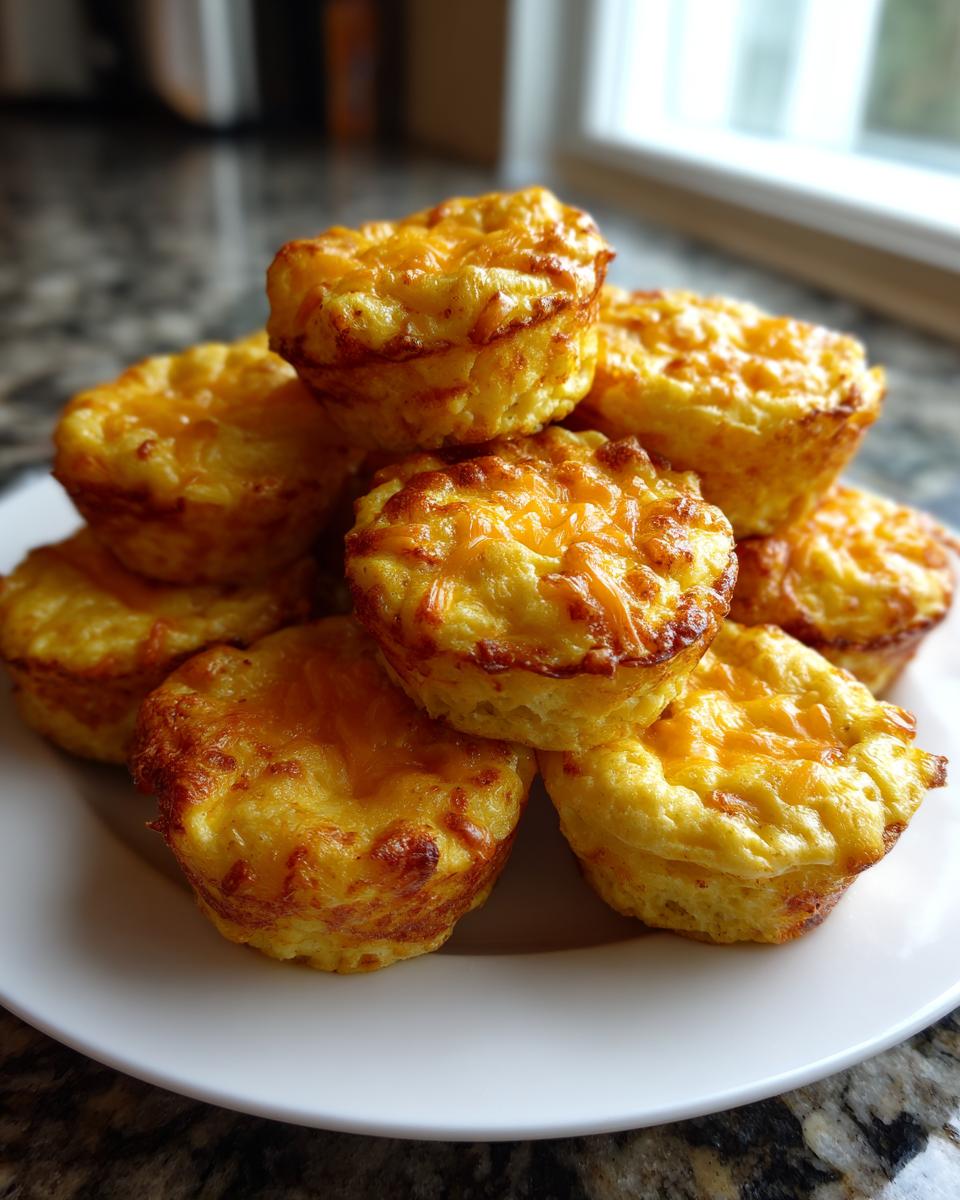 A stack of golden brown, cheesy, high-protein egg bites served on a white plate.