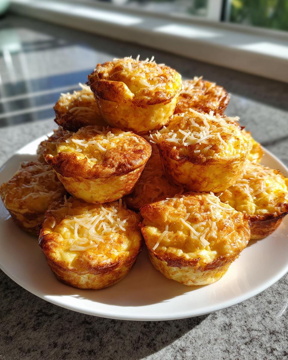 A stack of golden brown, high-protein egg bites topped with shredded cheese, resting on a white plate.