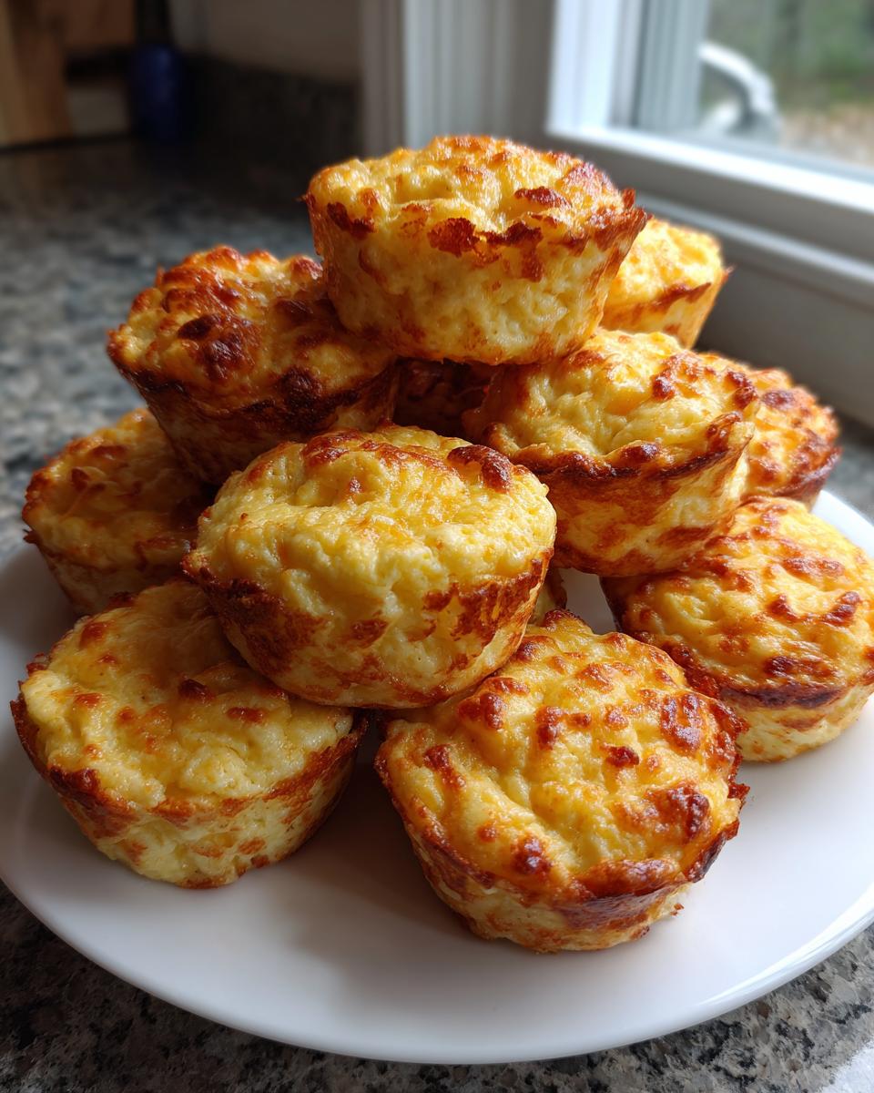 A stack of fluffy, golden brown, high-protein egg bites piled high on a white plate.