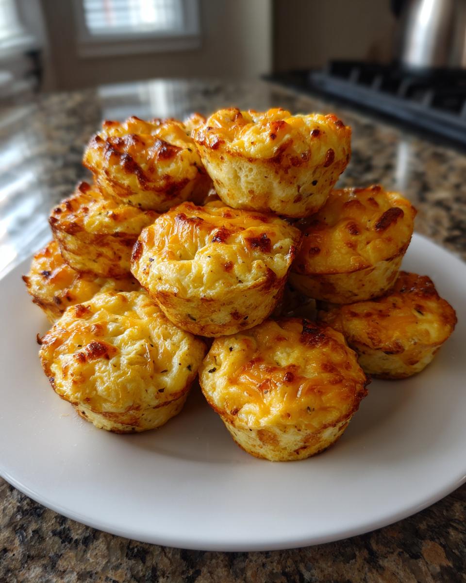 A stack of golden brown, cheesy, high-protein egg bites piled on a white plate.