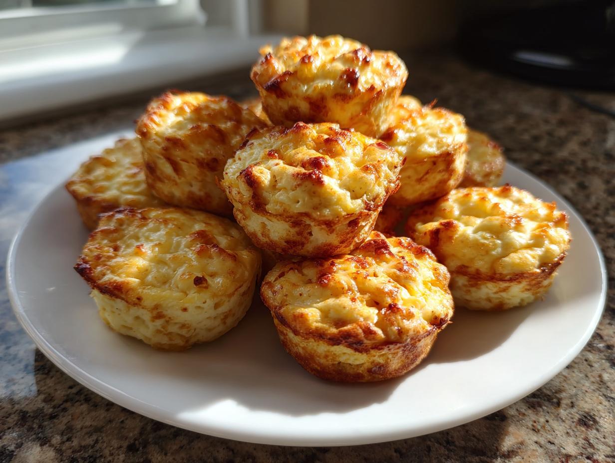A stack of freshly baked, golden brown high-protein egg bites piled high on a white plate.