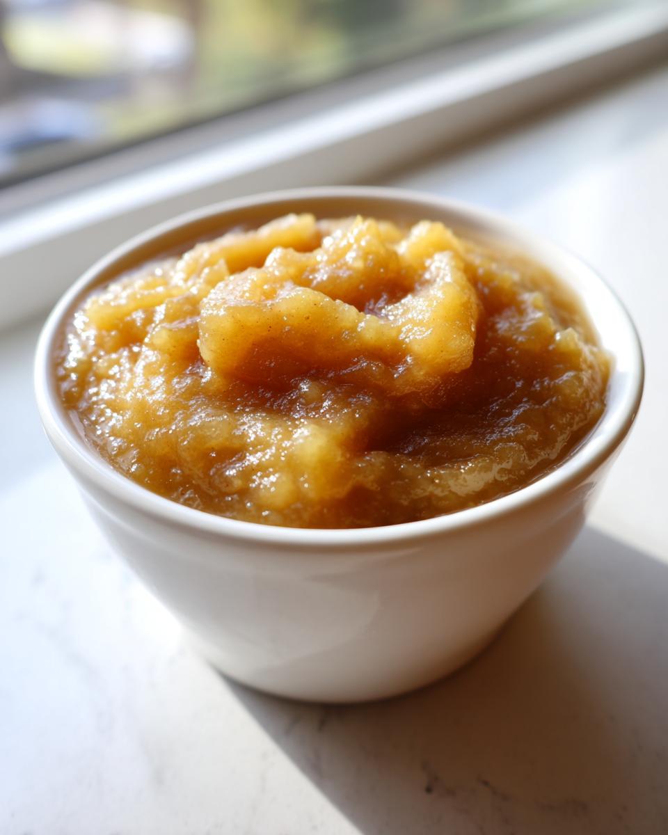 Close-up of chunky, golden homemade applesauce served in a small white bowl near a sunlit window.
