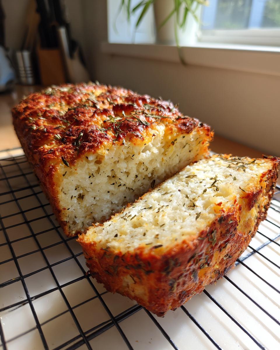 A golden-brown loaf of Italian herb and cheese bread, partially sliced, resting on a cooling rack.