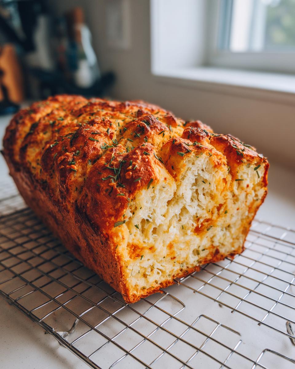 A freshly baked loaf of Italian herb and cheese bread, golden brown and sprinkled with herbs, resting on a wire cooling rack.