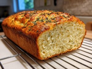A golden-brown loaf of Italian herb and cheese bread, sliced open to show the soft interior, resting on a cooling rack.