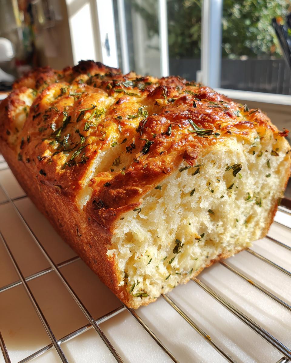 A golden-brown loaf of Italian herb and cheese bread cooling on a wire rack, showing a soft interior and cheesy herb topping.