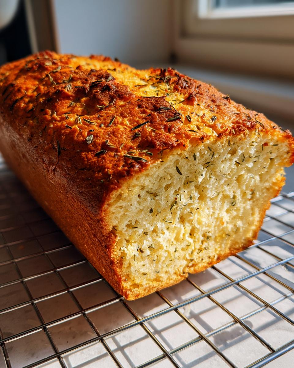 A golden-brown loaf of Italian herb and cheese bread cooling on a wire rack, showing a rich, herby crust.