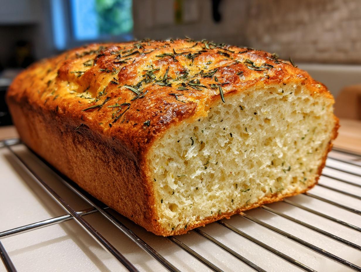 A golden-brown loaf of Italian herb and cheese bread, sliced open to show the soft interior, resting on a cooling rack.