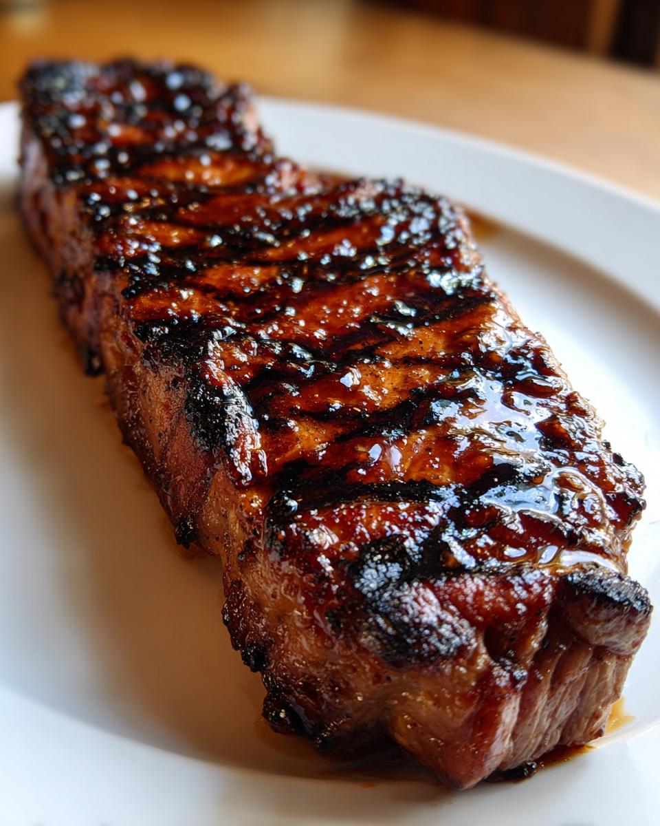 Close-up of a thick, perfectly cooked pork steak recipe cut, featuring dark grill marks and a glossy, caramelized glaze.
