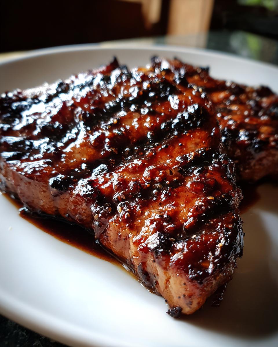 Close-up of a perfectly cooked, juicy pork steak recipe cut, covered in a dark, glossy glaze.