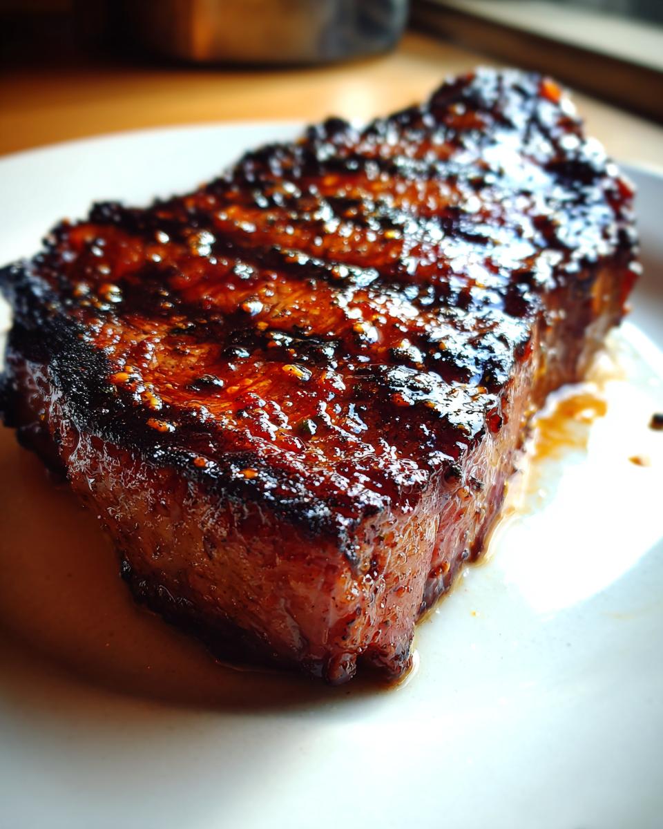 Close-up of a thick, perfectly seared and glazed pork steak recipe resting in its juices on a white plate.