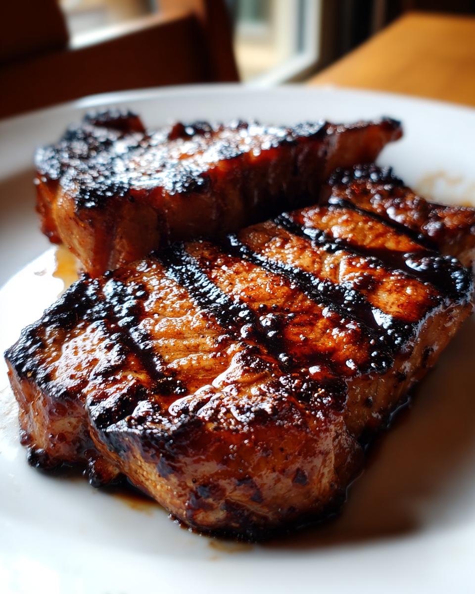 Close-up of two perfectly cooked, juicy pork steak cuts with dark, caramelized grill marks on a white plate.