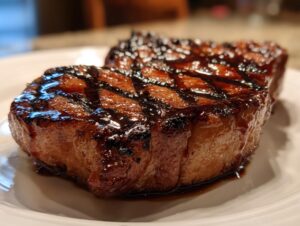 Close-up of a thick, juicy pork steak recipe cut, featuring dark, caramelized grill marks and a glossy glaze.