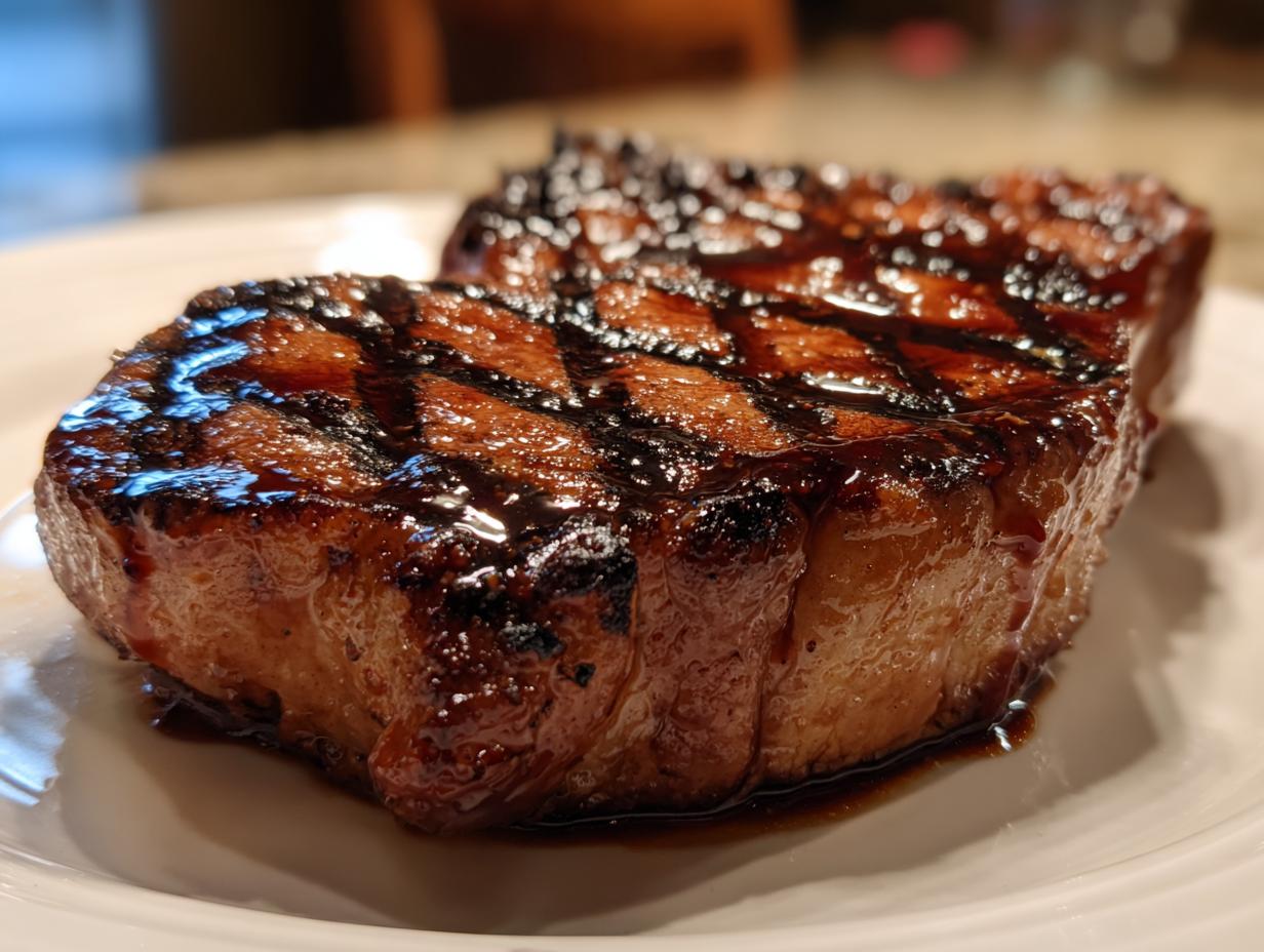 Close-up of a thick, juicy pork steak recipe cut, featuring dark, caramelized grill marks and a glossy glaze.