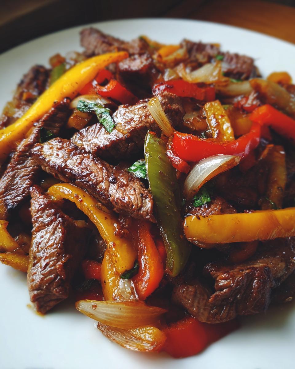 Close-up of juicy steak fajitas mixed with colorful sautéed bell peppers and onions on a white plate.