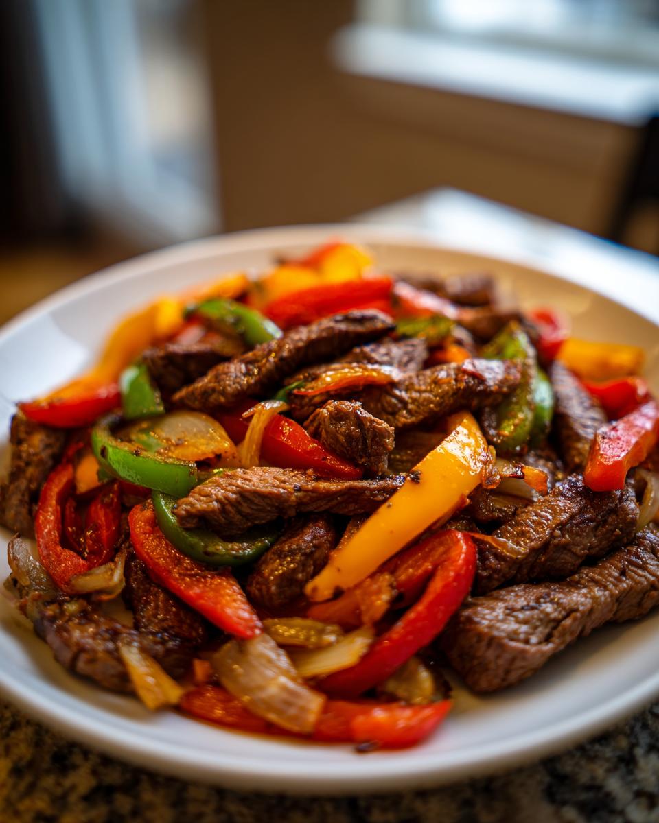 Close-up of sizzling steak fajitas featuring strips of seasoned beef mixed with vibrant red, green, and yellow bell peppers and onions.