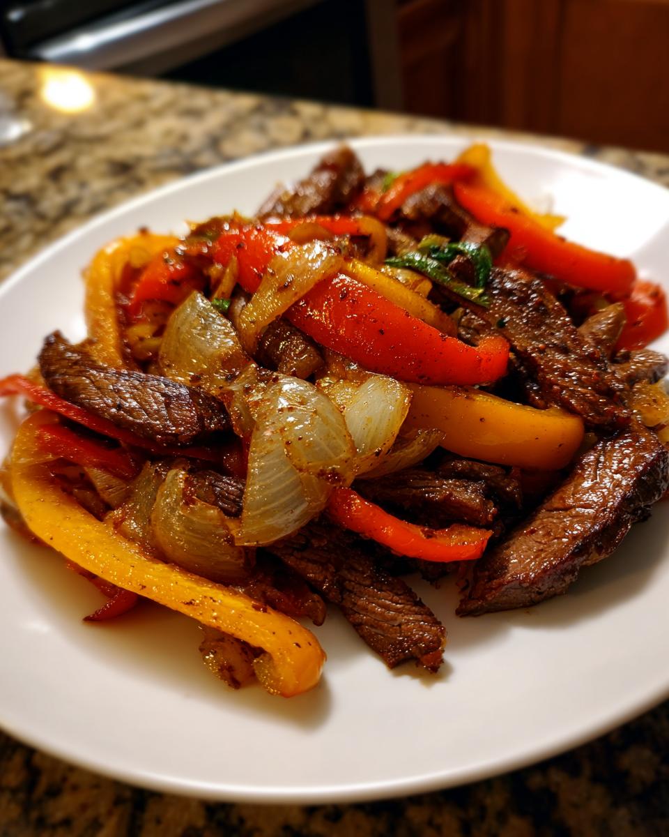 A close-up shot of seasoned, sliced steak mixed with sautéed red and yellow bell peppers and onions, ready to serve as steak fajitas.