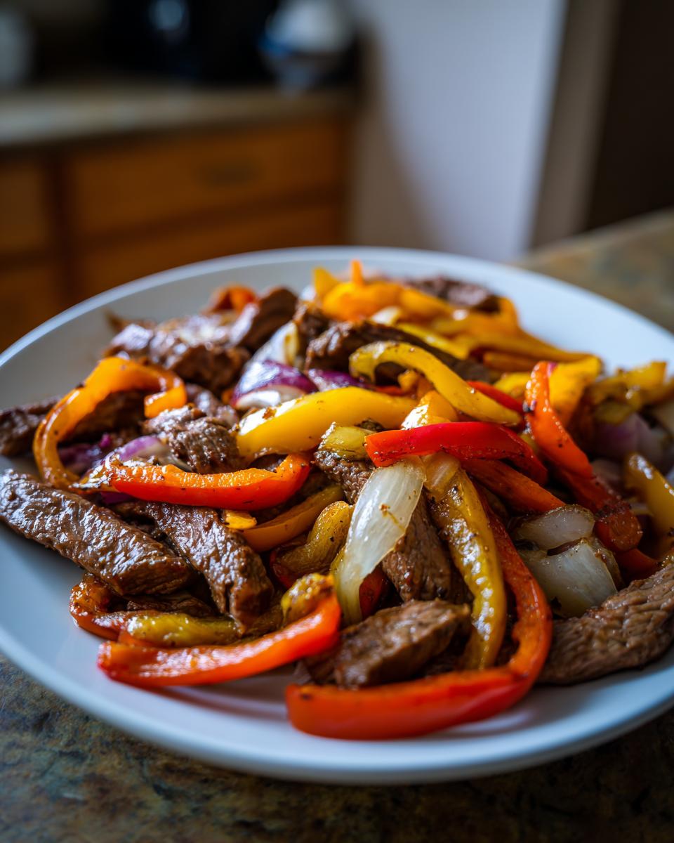 Close-up of perfectly cooked steak fajitas featuring strips of seasoned beef mixed with colorful bell peppers and onions on a white plate.