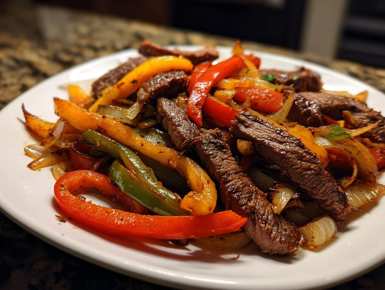 Close-up of perfectly cooked steak fajitas featuring sliced steak, red, yellow, and green bell peppers, and caramelized onions on a white plate.